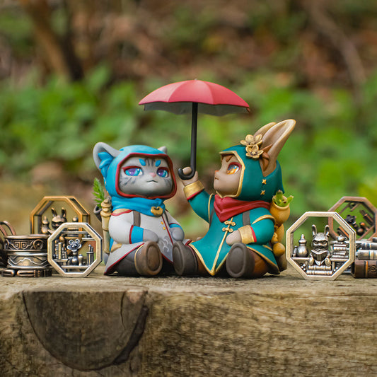 Hawthorn Rabbit with umbrella and Juniper Cat 